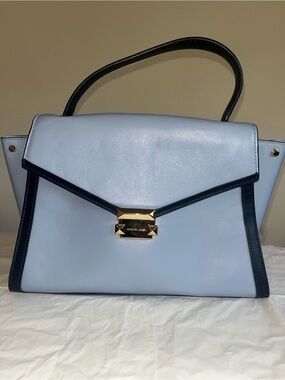 Michael Kors Pale Blue Leather Satchel with Navy Trim